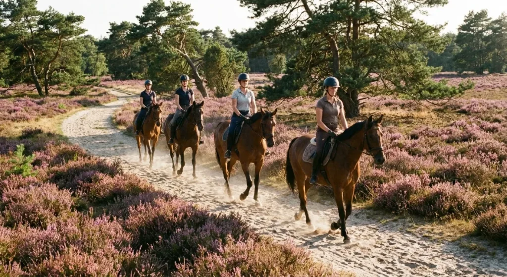 Vier ruiters op paarden rijden over een zandpad door een bloeiend heidelandschap met paarse bloemen en bomen.