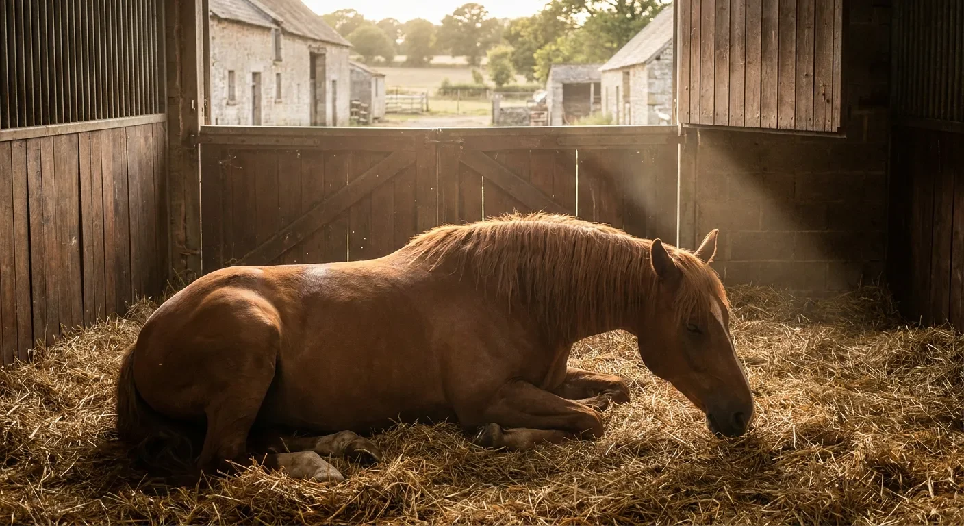 Paard liggend in stro in een ruime stalbox tijdens de nacht