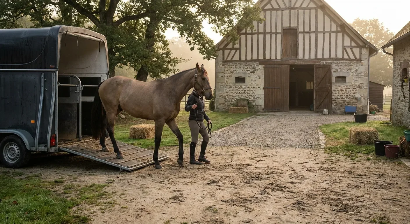Ruiter leidt paard uit trailer bij traditionele stallen met houten en stenen gebouwen.