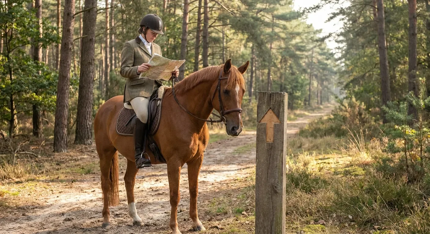 Strandpaal knooppunt langs ruiterpad op de Kempense heide met ruiter op de achtergrond