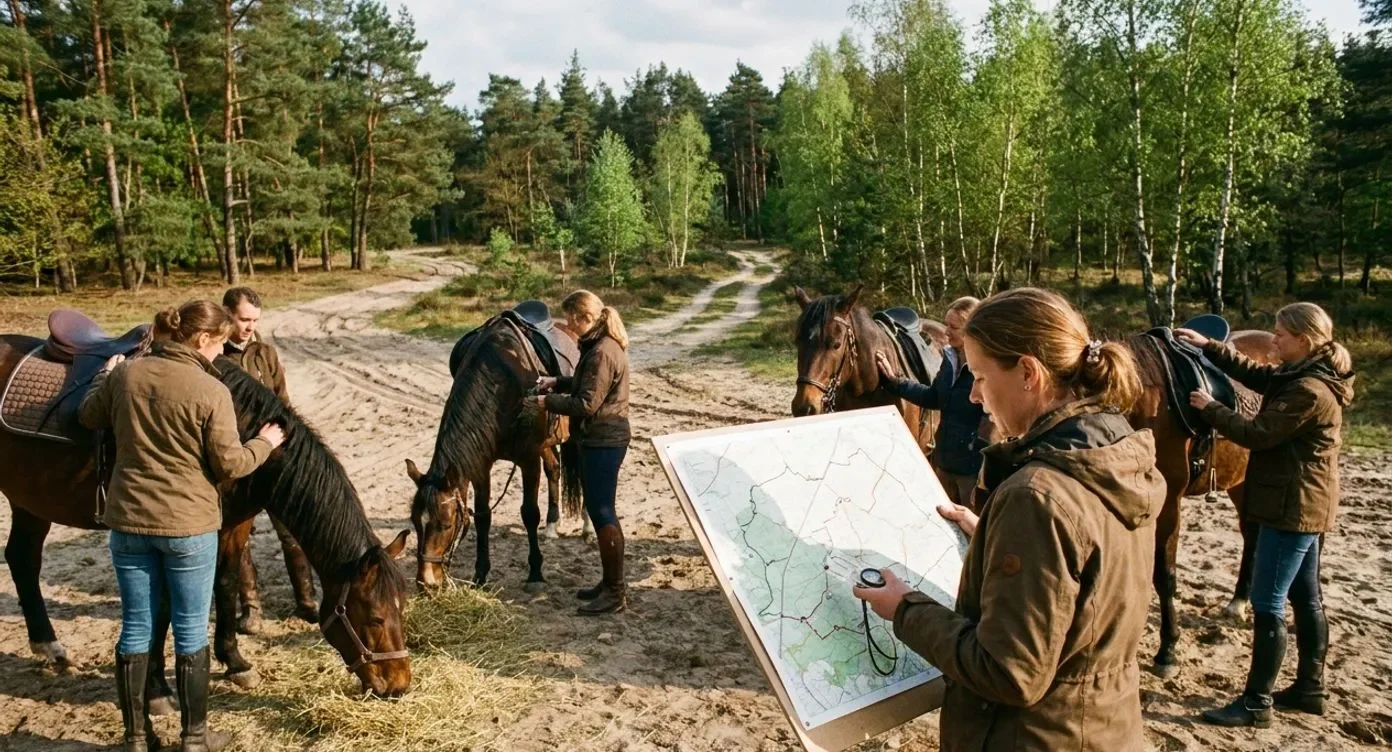 Groep ruiters zadelt paarden bij een manege in de Kempen, één ruiter bestudeert een routekaart voor de rit.