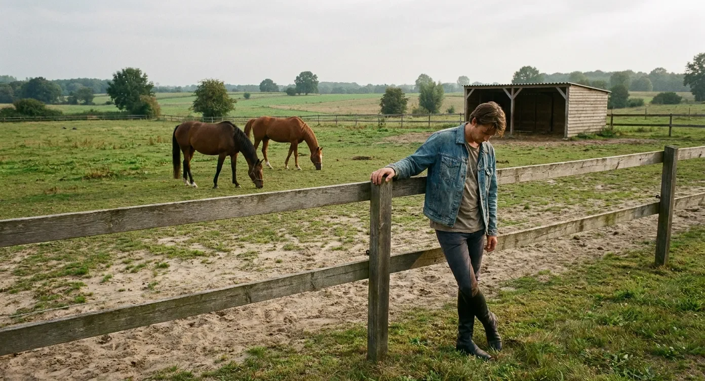 Paardenhouder inspecteert de houten omheining en weiland met twee paarden grazend op de achtergrond.
