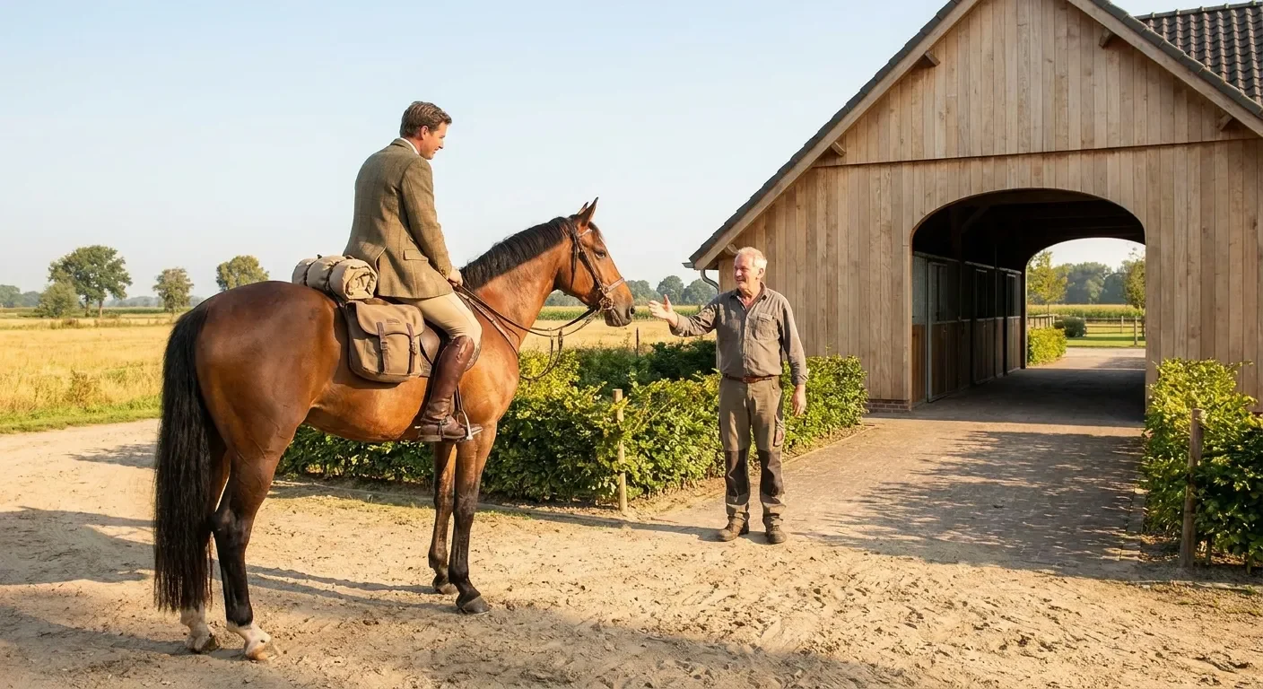 Ruiter te paard op een bergpad tijdens een meerdaagse paardentrekking