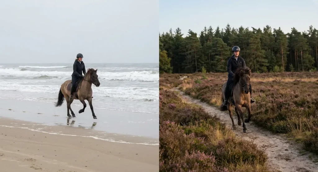 Ruiters op paard: links op nat zand aan zee, rechts gallopperend door heidegebied met bomen op achtergrond.