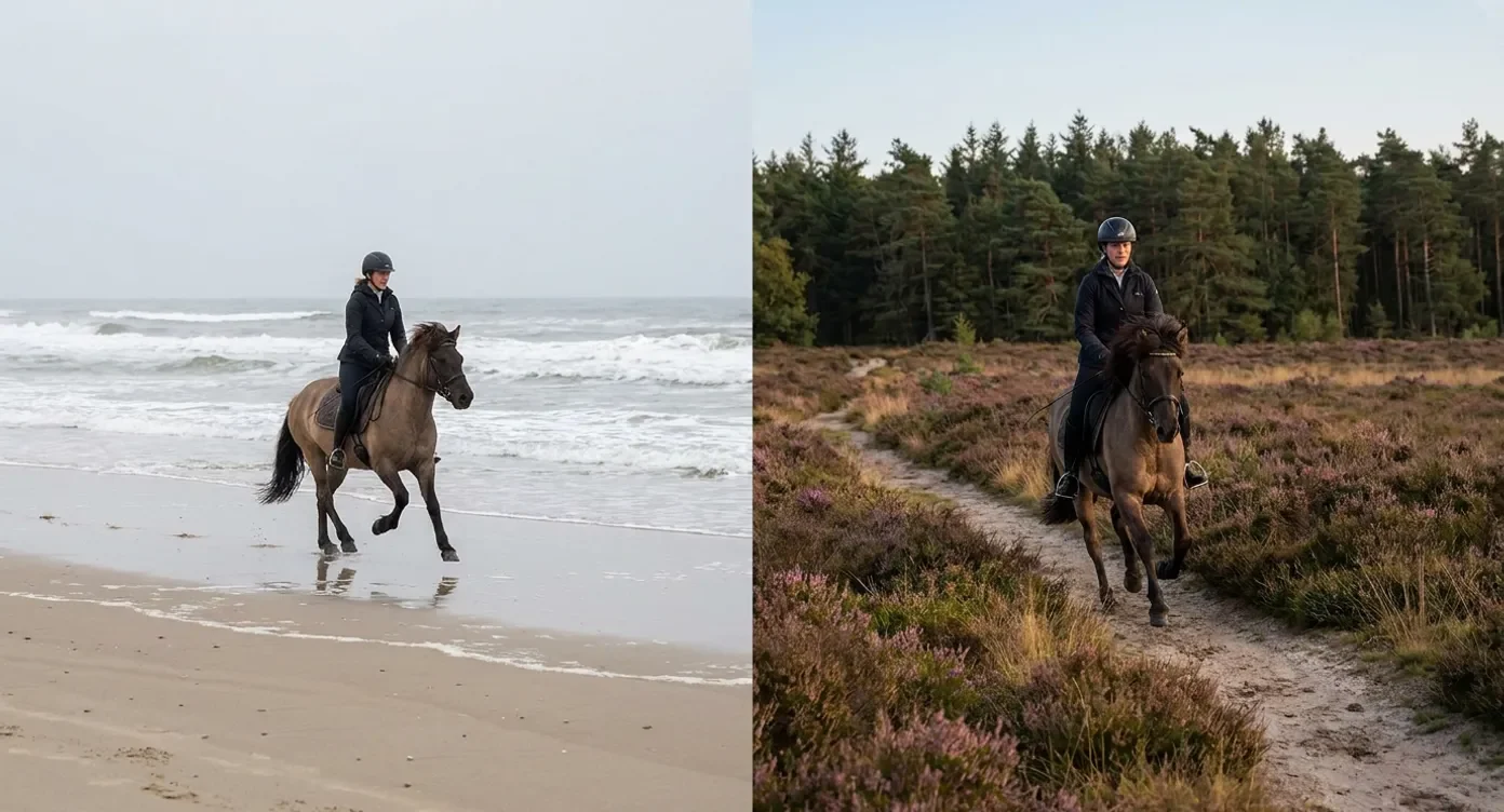 Ruiters op paard: links op nat zand aan zee, rechts gallopperend door heidegebied met bomen op achtergrond.