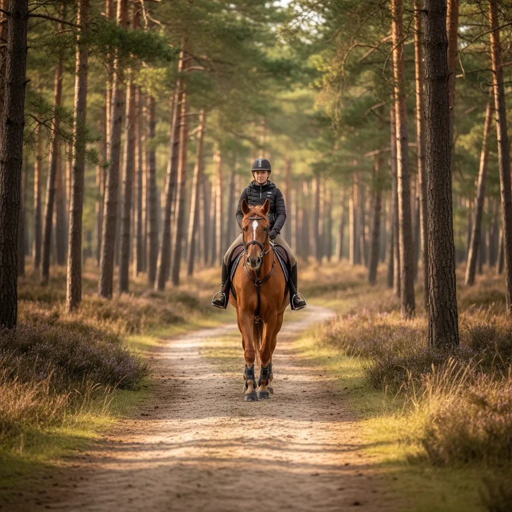 Beginnend ruiter met helm op een bruin paard op een zandpad in De Kempen