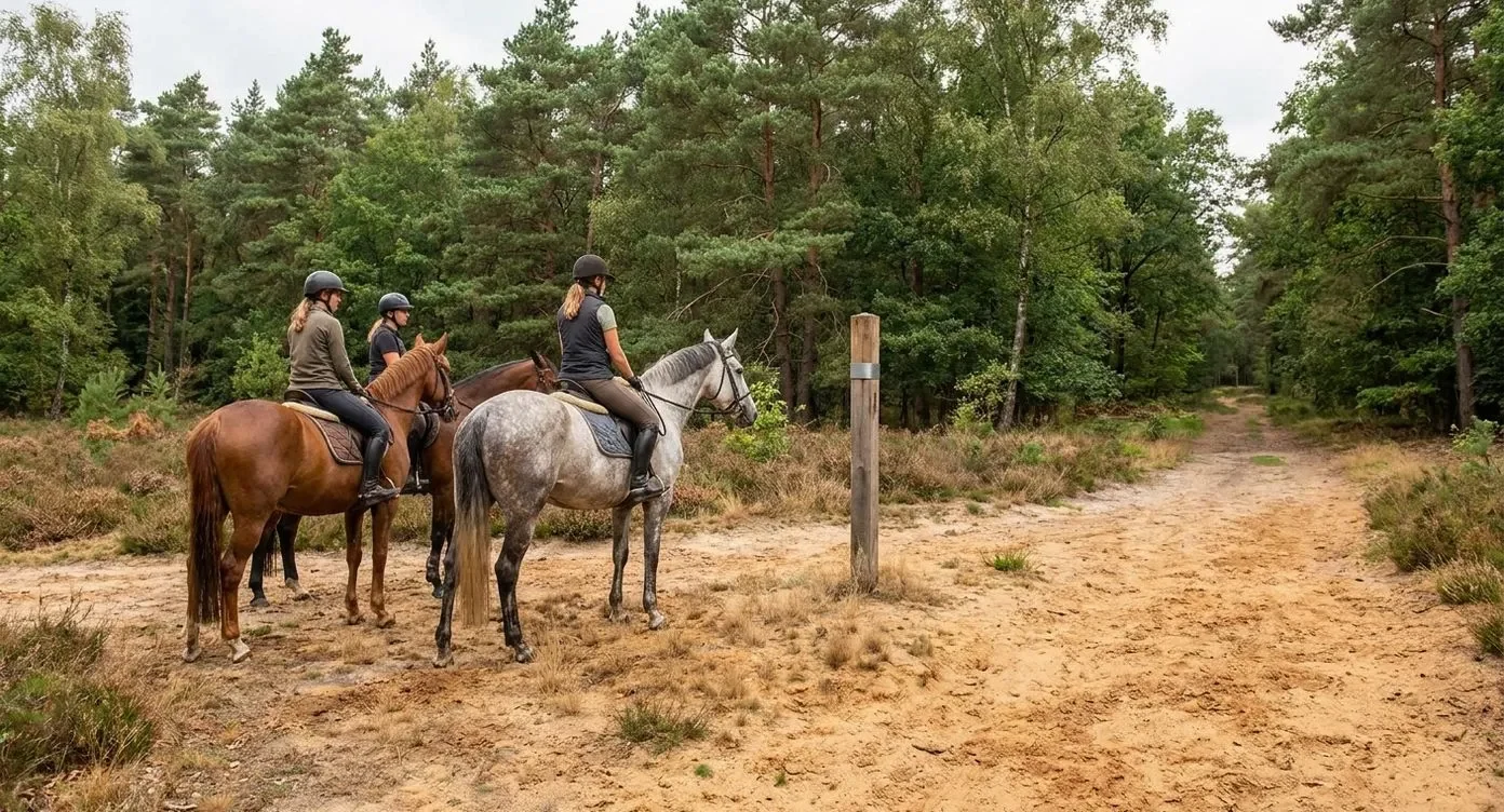 Drie ruiters op paarden op een zandpad in het bos bij een knooppuntmarker voor routenavigatie.