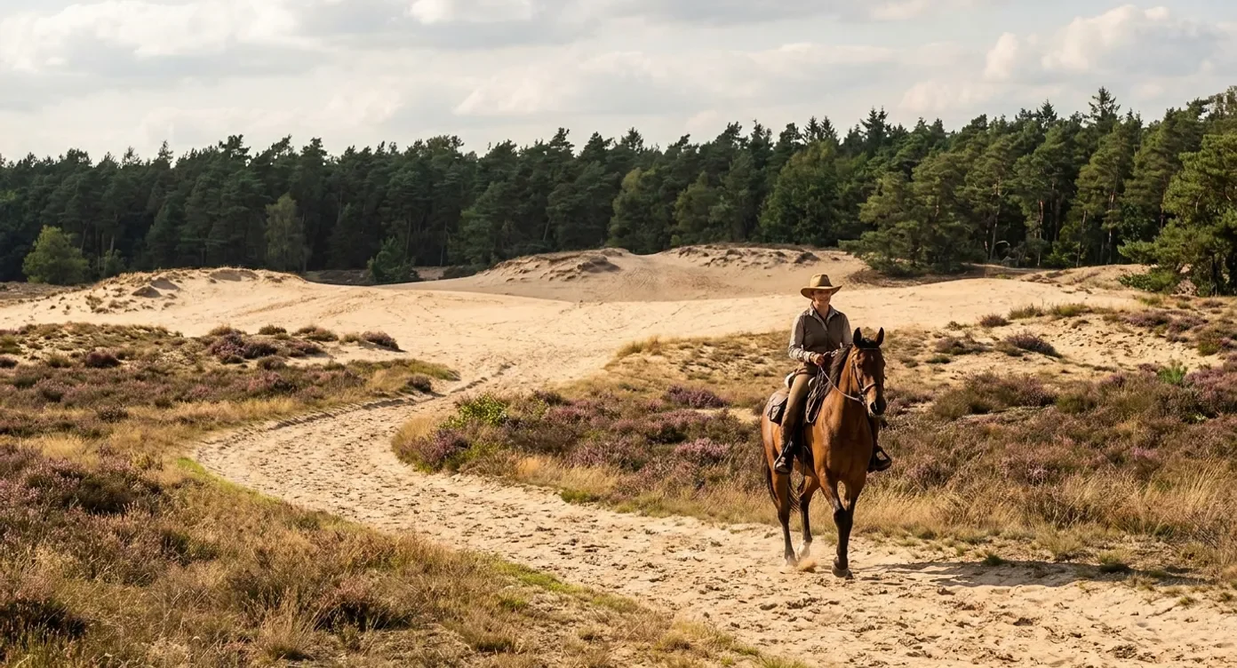 Ruiter te paard op zandpad door duinlandschap met zandheuvels en bos op achtergrond in de Lommelse Sahara.