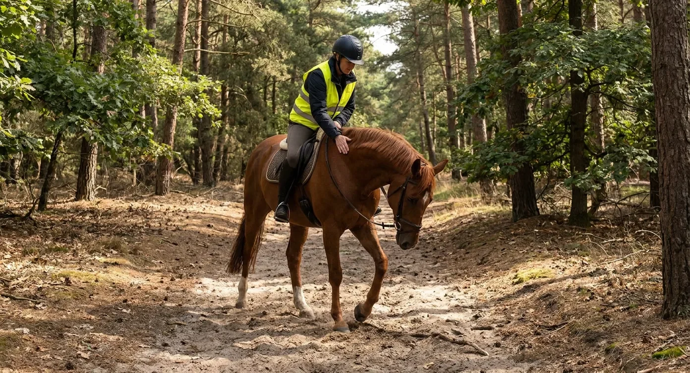 Ruiter op bruin paard rijdt over zandpad door bos, gekleed in veiligheidshelm en geel hesje.