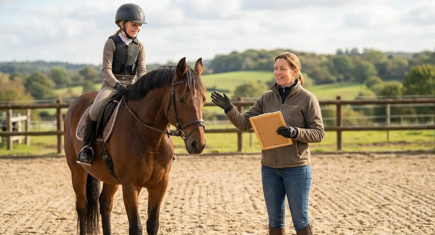 Ruiteres op bruin paard met helm krijgt instructie van trainster met klembord in manege.