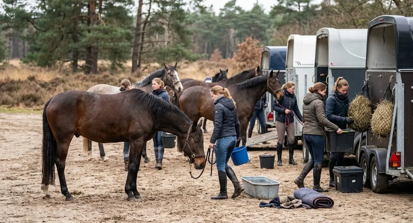 Ruiters verzorgen paarden bij trailers op een parkeerplaats; enkele paarden vertonen zwellingen aan de hals, kenmerkend voor