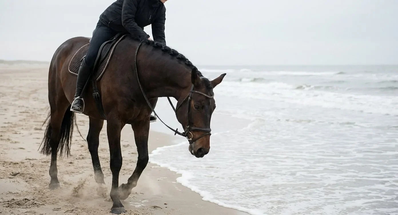 Ruiter op bruin paard aan de waterkant, paard snuffelt geïnteresseerd naar het zand en water.