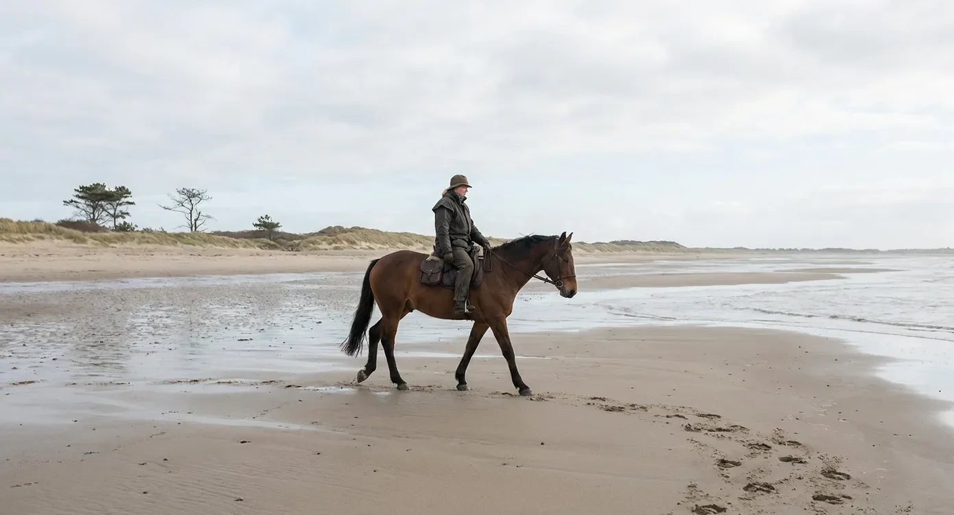 Ruiter op bruin paard loopt over natte zand langs de waterlijn op het strand.