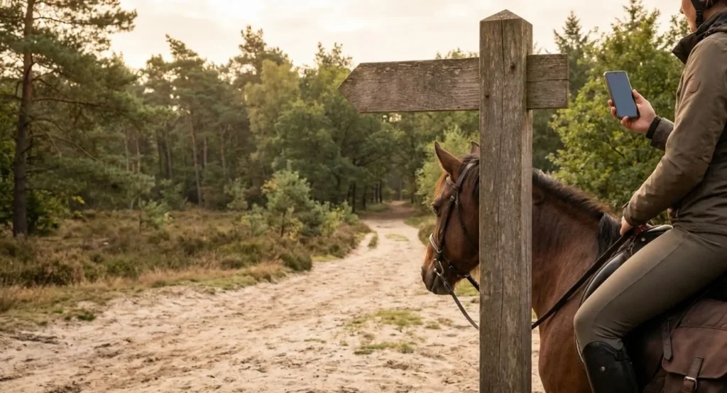 Ruiter op paard raadpleegt houten knooppuntbord in bos terwijl smartphone met routeapp in hand wordt gehouden.