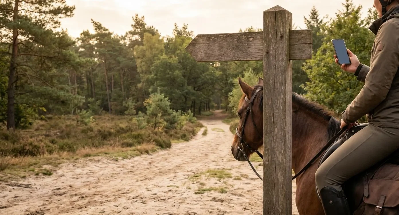 Ruiter op paard raadpleegt houten knooppuntbord in bos terwijl smartphone met routeapp in hand wordt gehouden.