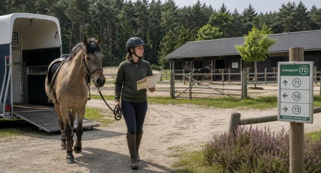 Ruiter met paard stapt uit trailer bij plattelandsaccommodatie met paardenfaciliteiten in Kempenland, routebord zichtbaar.