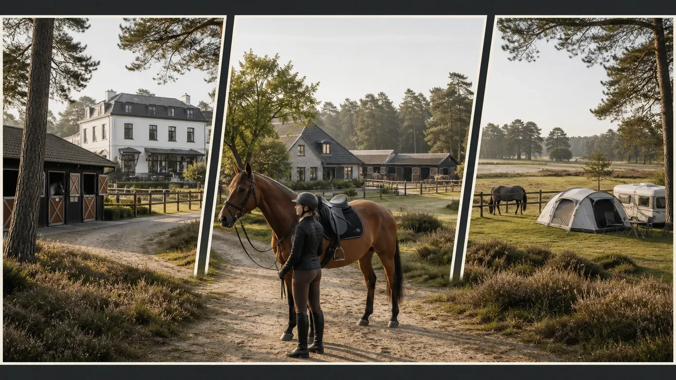 Ruiter met bruin paard op landgoed met hotelgebouw, paardenstallen en camping in bosrijke omgeving.