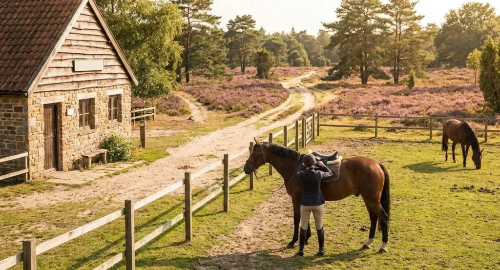 Ruiter met paard arriveert bij een landelijk stenen huisje met weiland en heide in De Kempen.