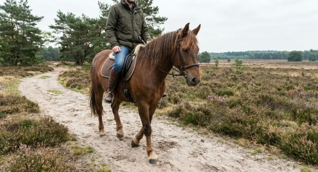 Ruiter op bruin paard op zandpad door heide en bos in De Kempen, rustige natuuromgeving.