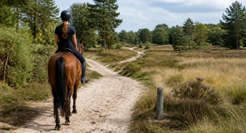 Ruiter op bruin paard op zandpad door bos met waypoint-marker, omgeven door heide en naaldbomen.
