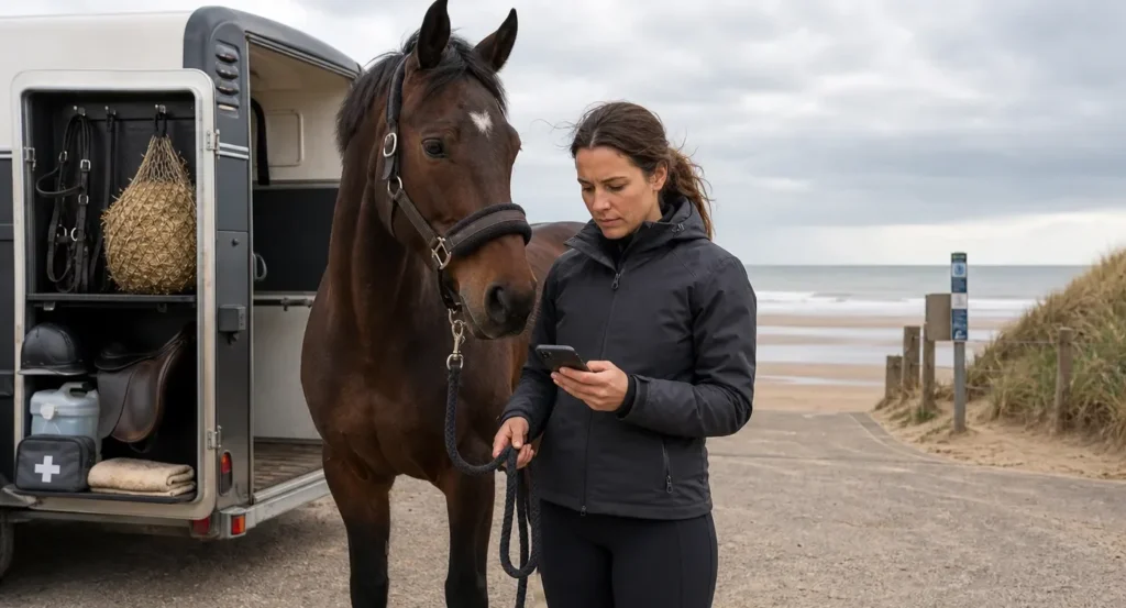 Vrouw met bruin paard aan het strand naast paardentrailer, zee op achtergrond