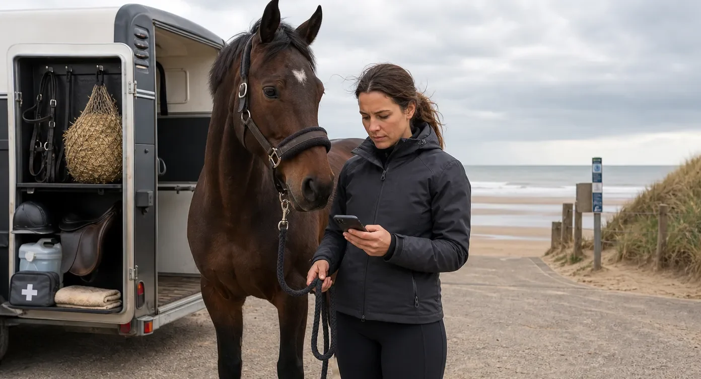 Vrouw met bruin paard aan het strand naast paardentrailer, zee op achtergrond