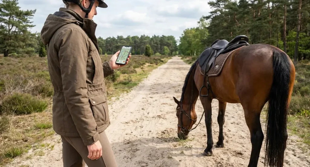 Ruiter raadpleegt routekaart op smartphone naast paard op zandpad in bos.