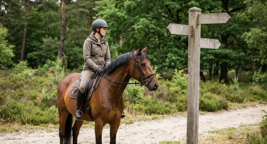 Ruiter op bruin paard bij houten bewegwijzeringsbord op bospad in De Kempen
