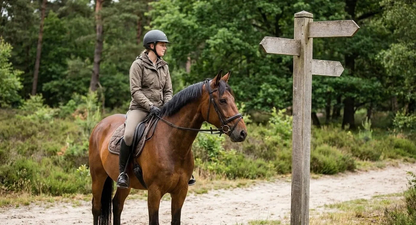 Ruiter op bruin paard bij houten bewegwijzeringsbord op bospad in De Kempen