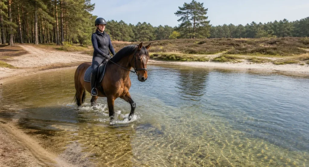 Ruiter op bruin paard stapt voorzichtig het ondiepe, heldere water in tijdens een recreatieve rit door De Kempen.
