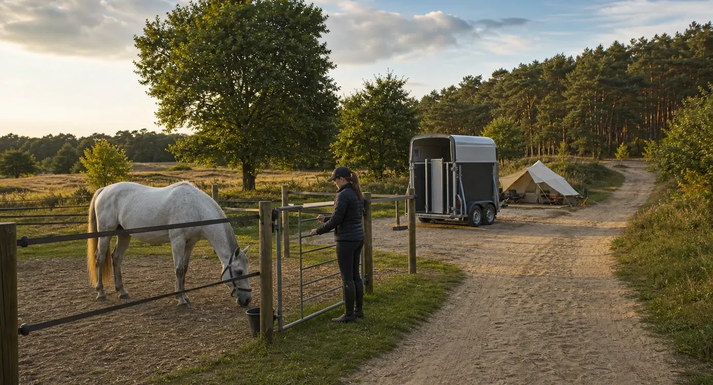 Vrouw voedt wit paard bij camping in Goirle met paardentrailer en glamping tent omgeven door bomen