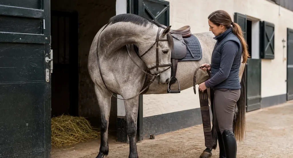 Vrouw zadelt een grijs paard in de stal op voor het rijden.