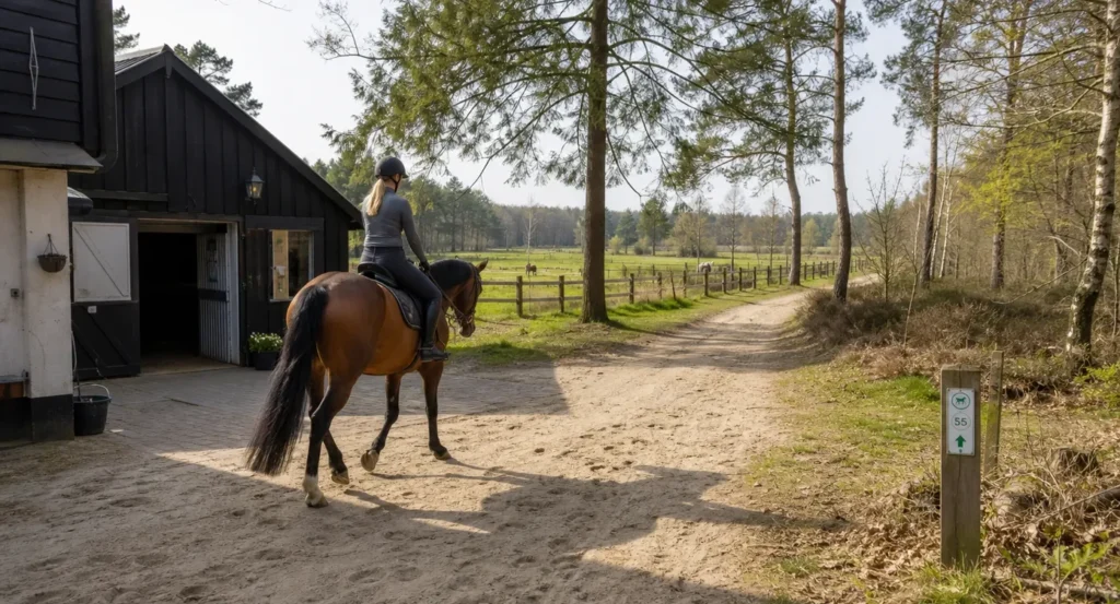 Ruiter op bruin paard op zandpad bij moderne pensionstal met weilanden en bomen in Noord-Brabant.