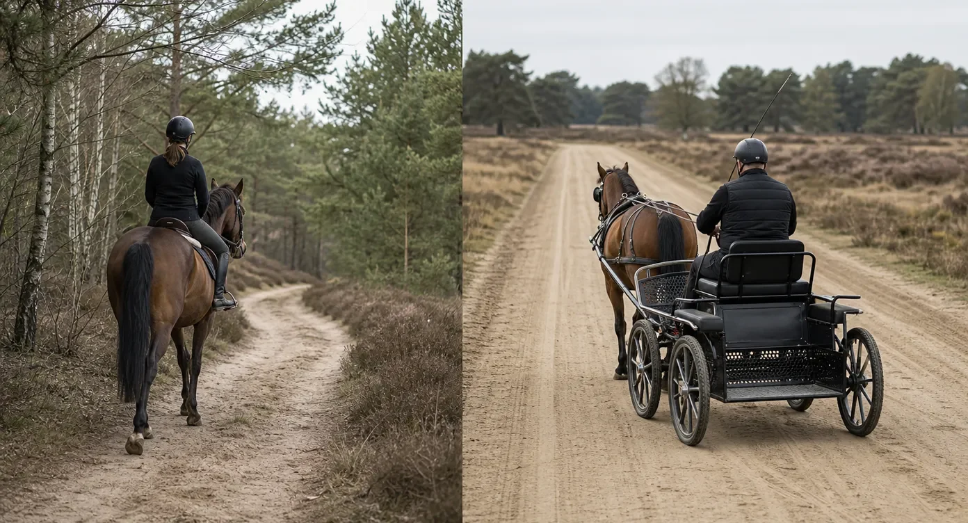 Links een ruiter op een paard op een bospad, rechts een menner met een paard en kar op een zandweg door heide.