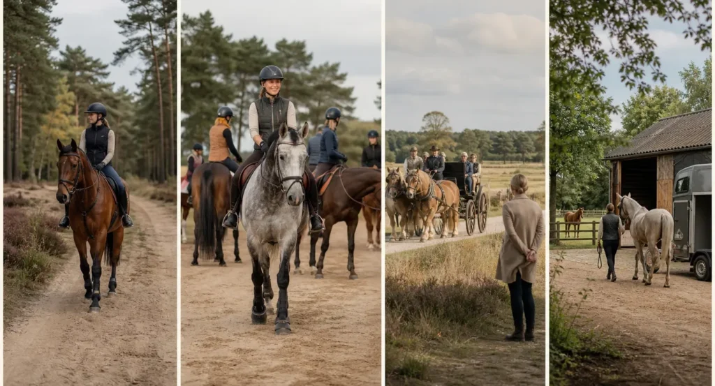 Ruiters te paard en met paardenkar in verschillende landelijke omgevingen, van bospad tot weiland met stal.