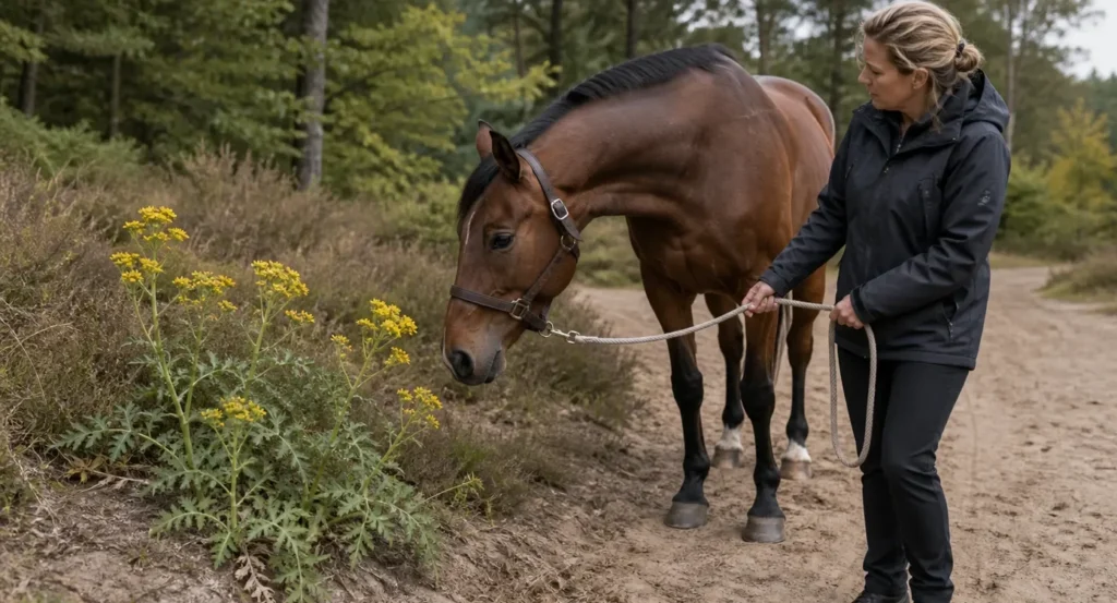 Vrouw leidt een bruin paard langs een zandpad in het bos, waar het paard naar een plant met gele bloemen snuffelt.
